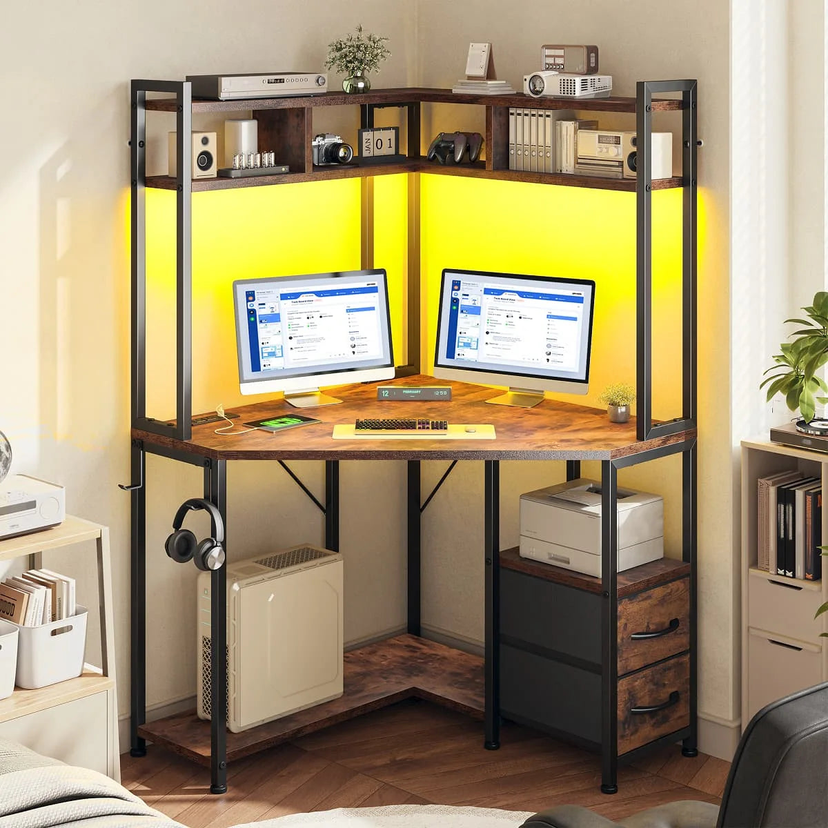 EnHomee Corner Gaming Desk With LED Lights Outlets And Storage