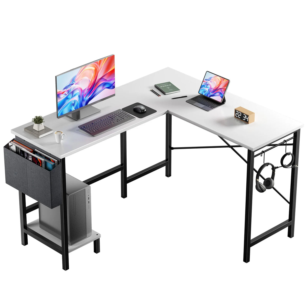 MCQ L Shaped Standing Office Computer Desk with Storage Bag and Side Hook Ergonomic Computer Corner Gaming Desk with PC Stand for Home Office Use Workstation