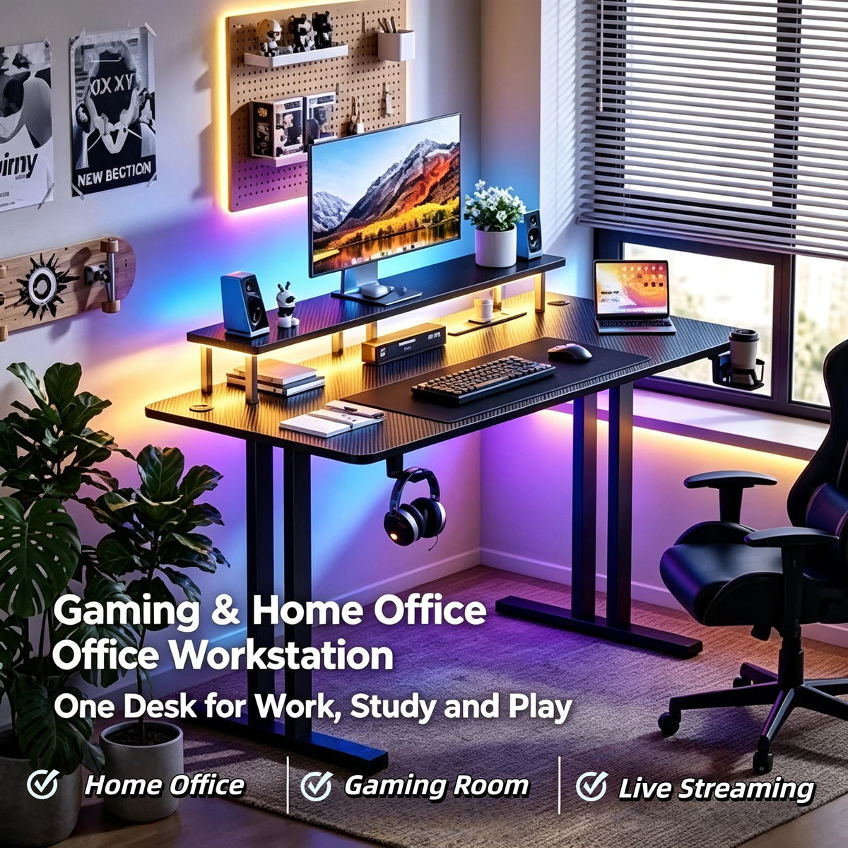 NEBMAAX RGB Gaming Desk With LED Lights And Power Strip