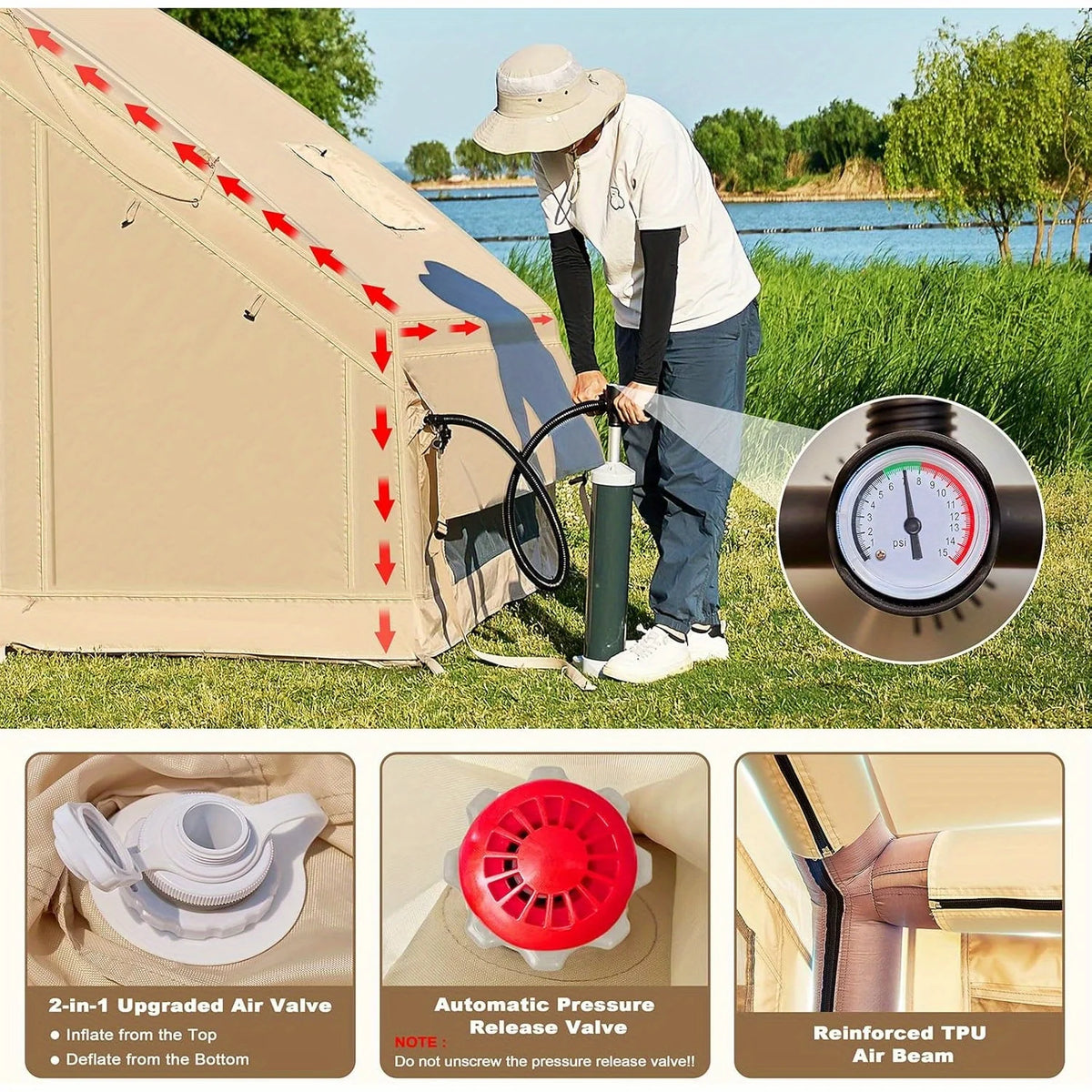 Inflatable Camping Tent 1-6 Person, Large Inflatable Camping Tent with Stove Jack, with Skylight and Double Doors, Outdoor Tent