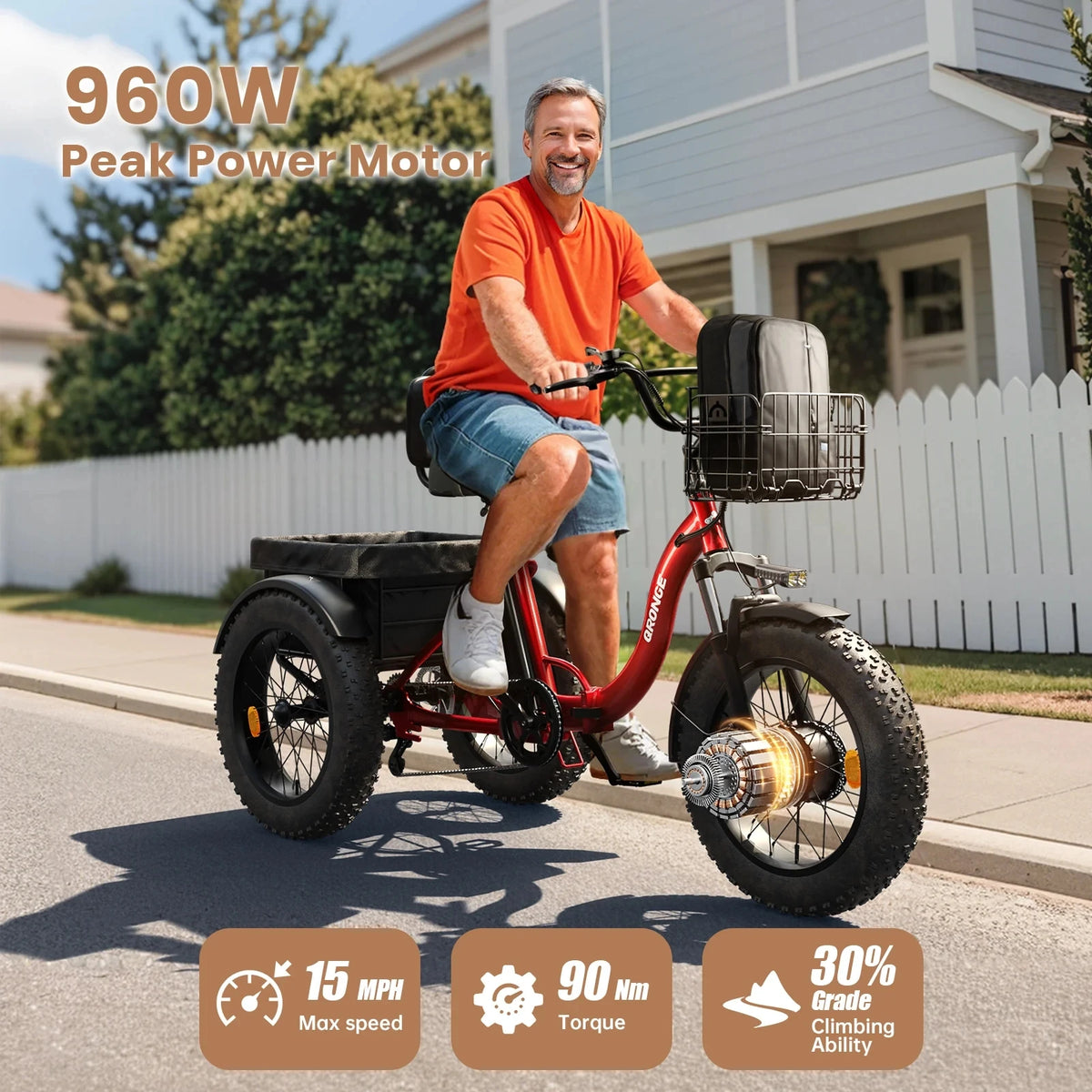 QRONGE Folding Electric Tricycle With Fat Tires And Extended Range