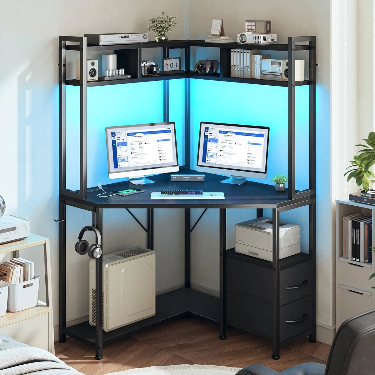 EnHomee Corner Gaming Desk With LED Lights Outlets And Storage
