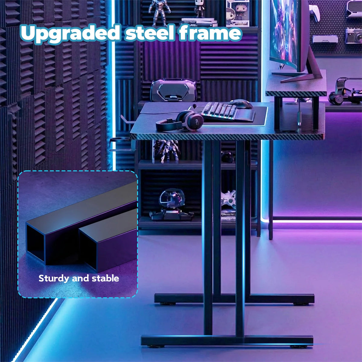 NEBMAAX RGB Gaming Desk With LED Lights And Monitor Stand