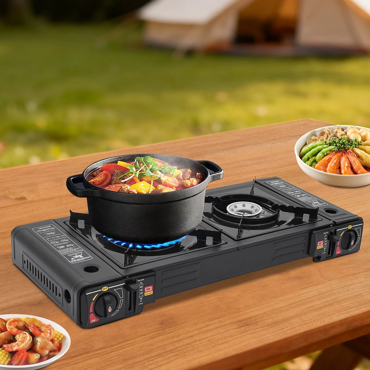 Portable Double Burner Gas Stove With Piezo Ignition And Case