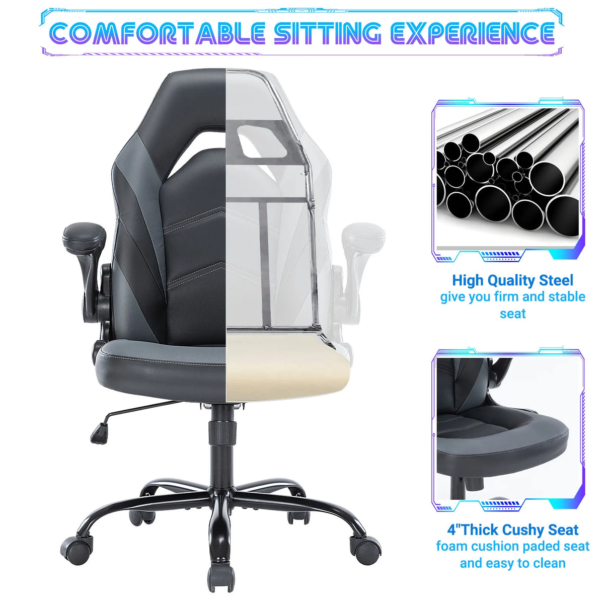 JHK Ergonomic Gaming Chair With Flip Up Armrests Adjustable Height