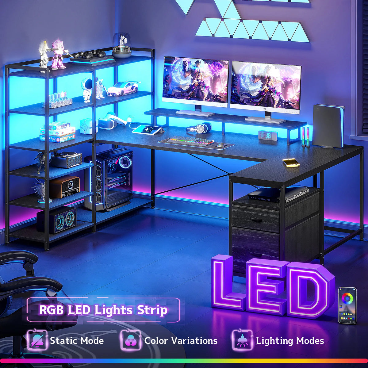 EnHomee Gaming Desk With Storage Shelves, Drawers And USB Outlet