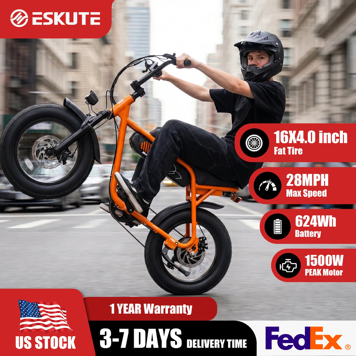 ESKUTE V101 Electric Dirt Bike,16'x4.0 Fat Tire Ebike,Electric Dirt Bike, 28mph, E Bike UL2849, 1 Year Warranty
