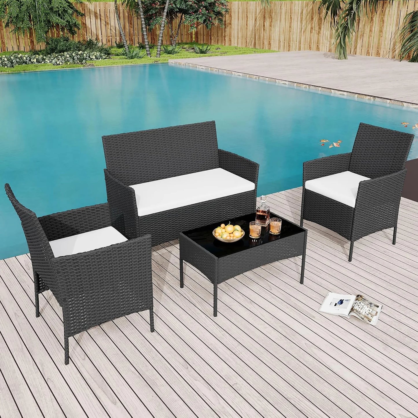 HiMISS 4 Piece Outdoor Rattan Bistro Set With Cushioned Sofa