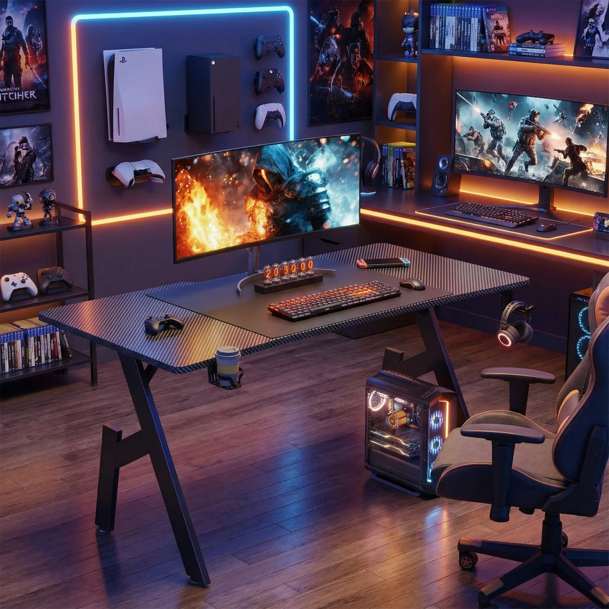 80/100/120/140cm Gaming Desk, A-Shaped Office Desk with Cup Holder Headphone, Modern Carbon Fiber Mesa Gamer for Home Office