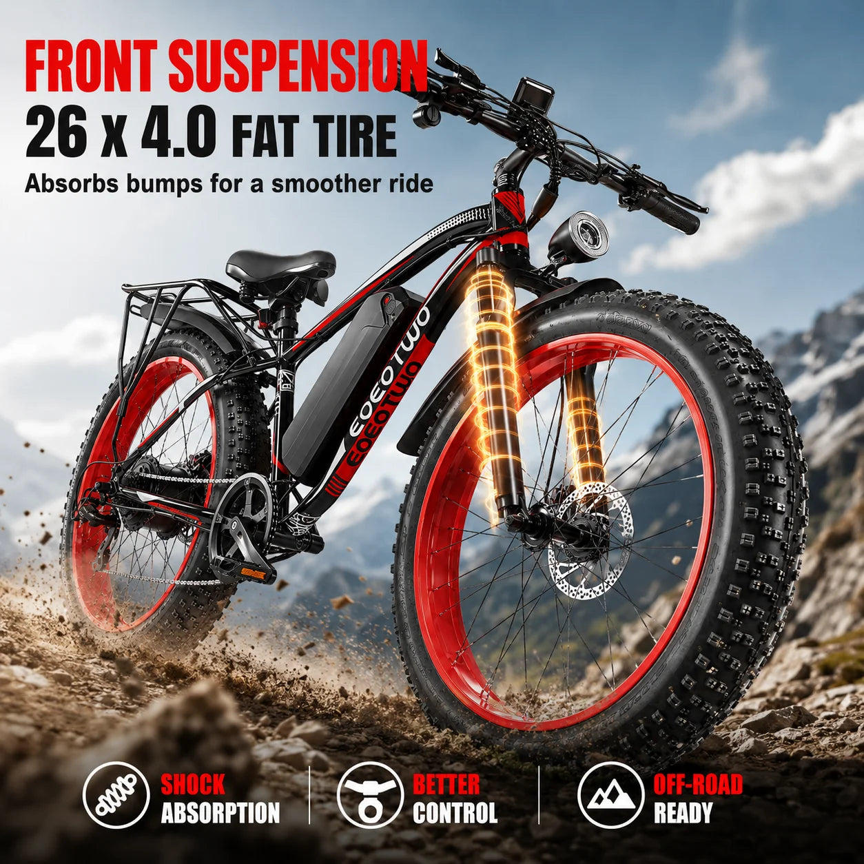 EOEOTWO Heavy Duty Ebike, 400 LBS Capacity, 65Nm High Torque, Front Suspension, Rear Rack, 5 Riding Modes, Phone Holder with Charging