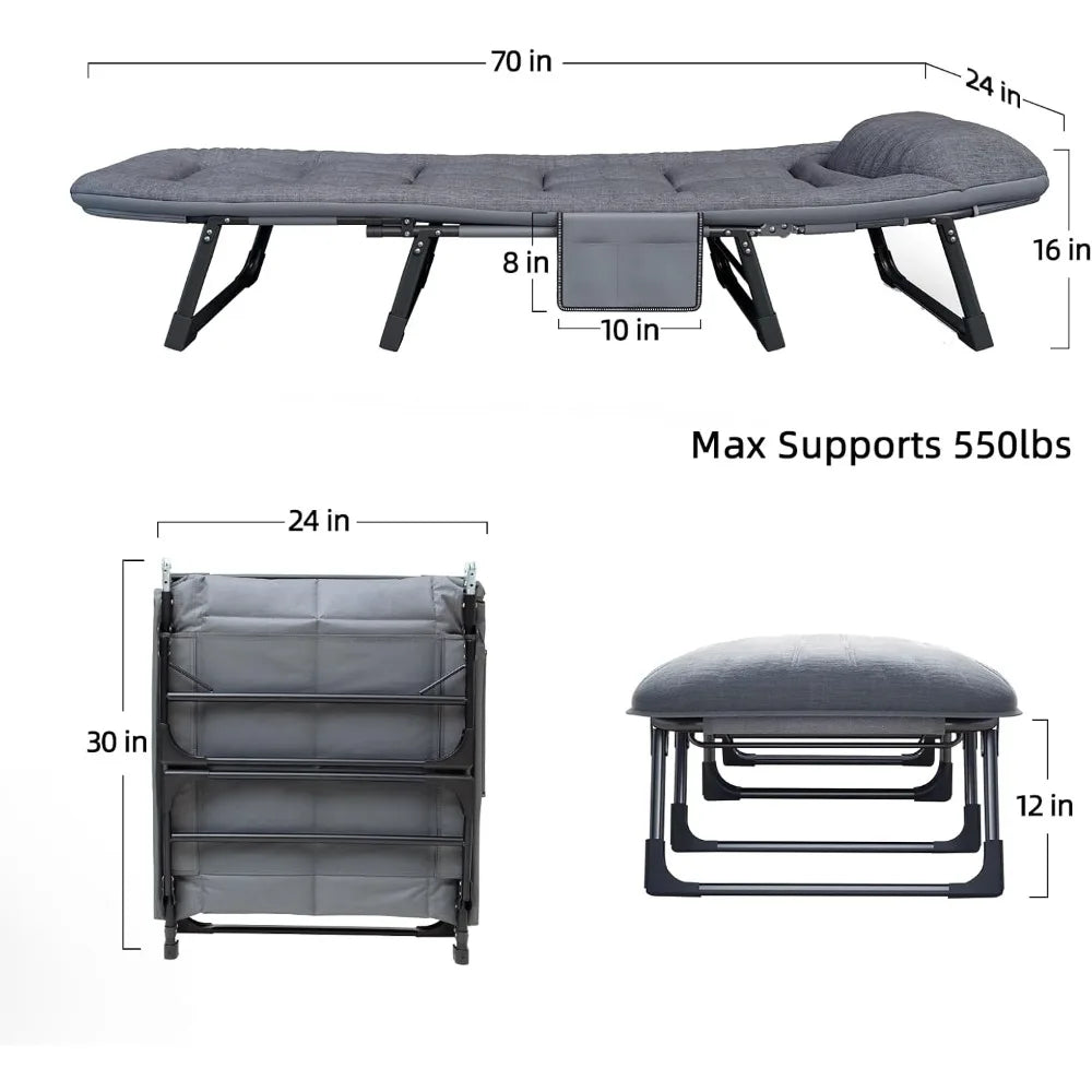 Heavy Duty Folding Cot with Mattress No Setup 550 Lbs Adjustable Portable Sleeping Bed Indoor Outdoor Patio