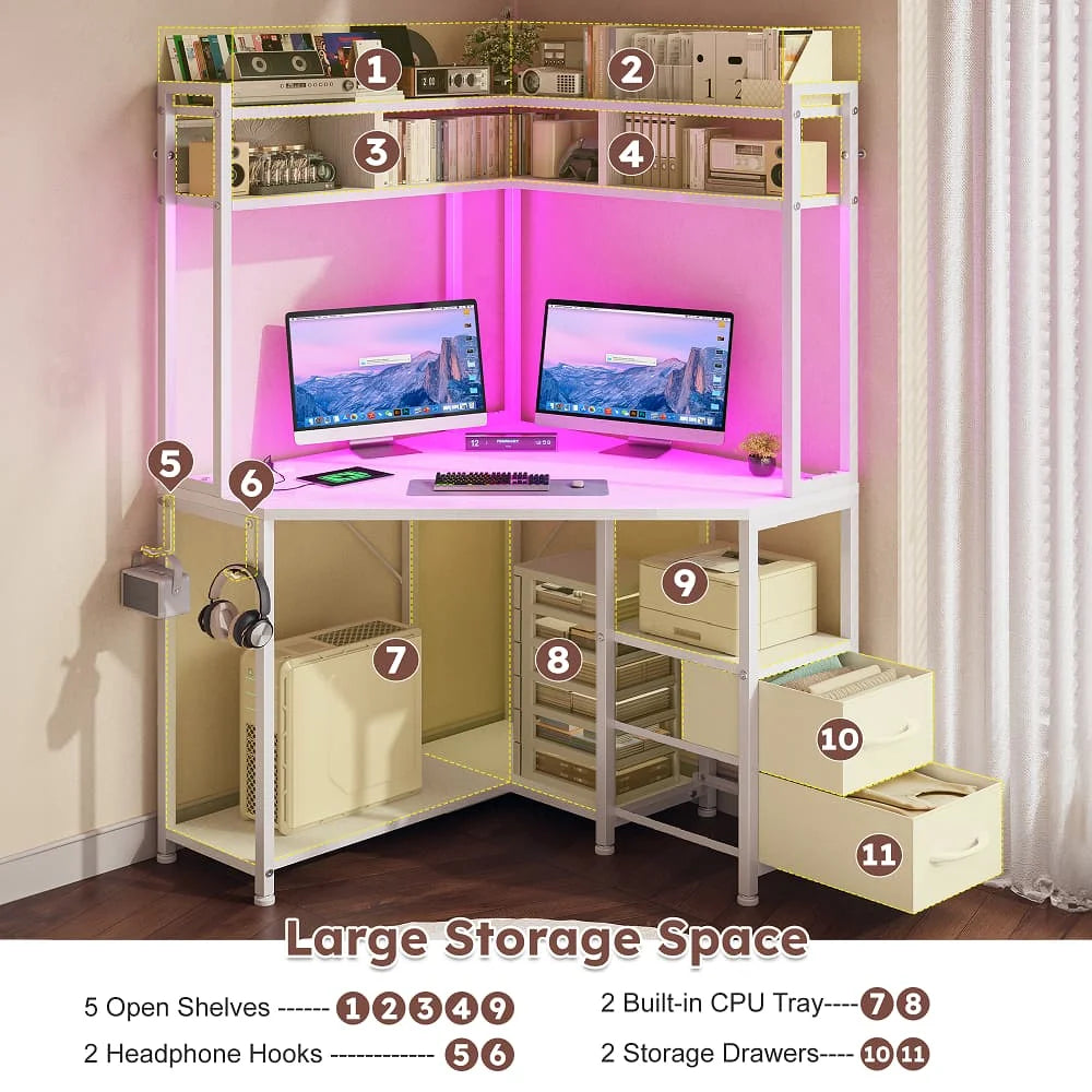 EnHomee Corner Gaming Desk With LED Lights Outlets And Storage
