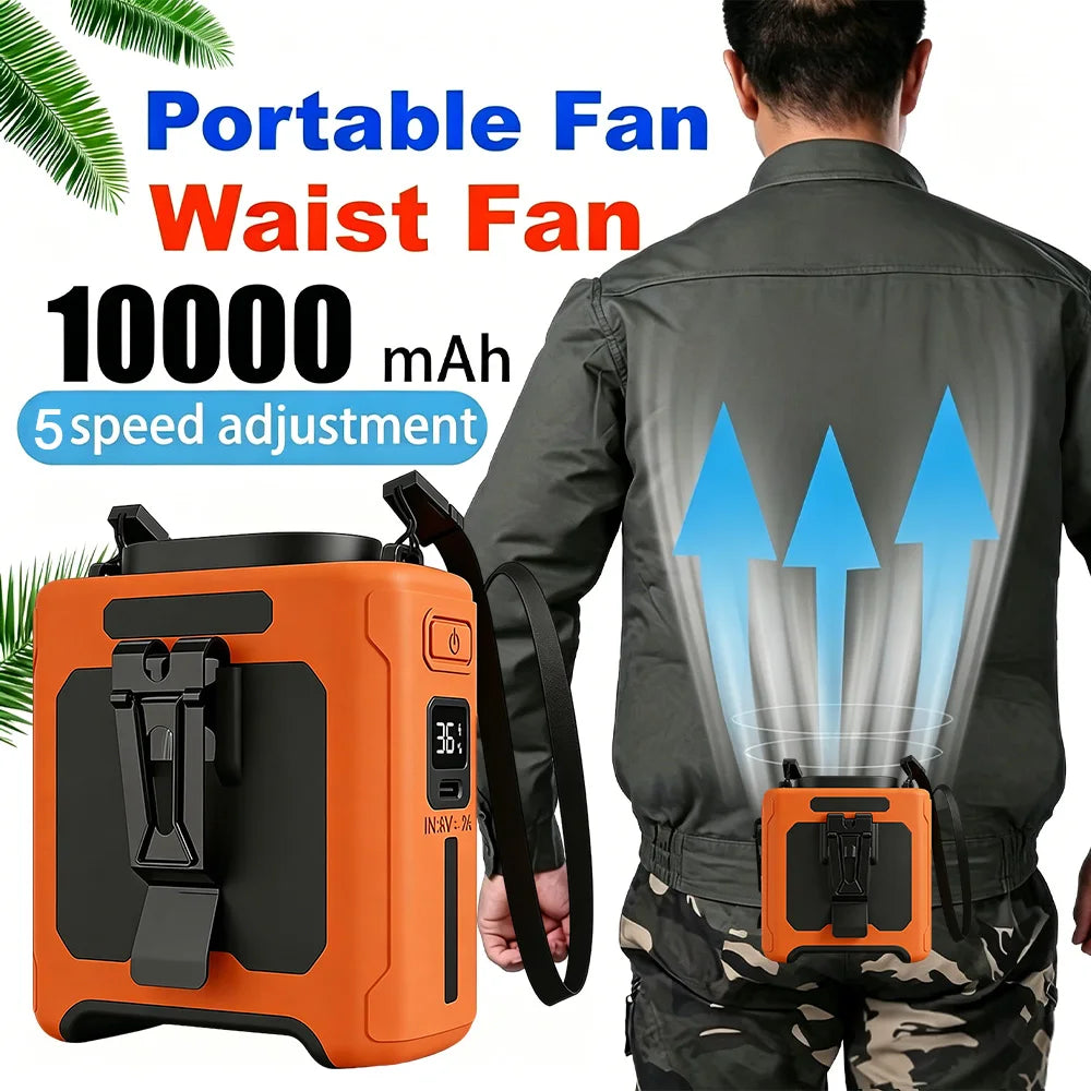 10000mAh Portable Rechargeable Waist Fan For Travel With Led Light