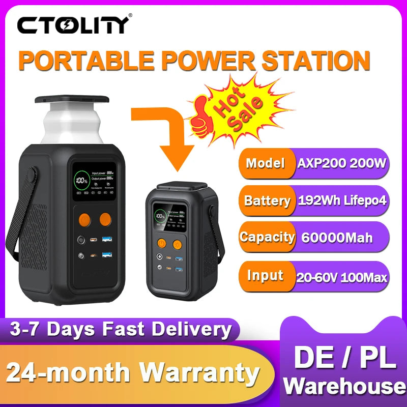 CTOLITY 200W Power Station Camping 192Wh Lifepo4 Power Bank 60000mAh Portable Charger Battery Emergency Power USB TYPE-C Port