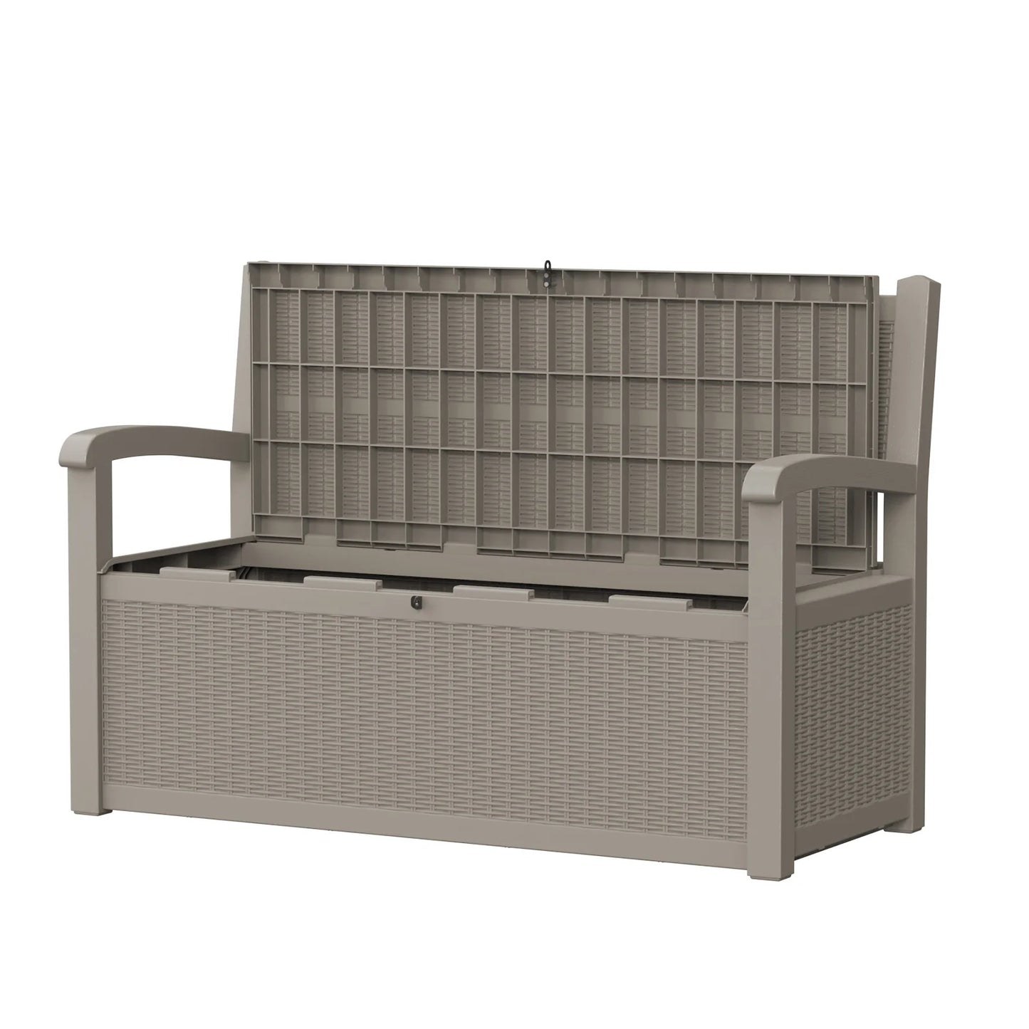 Outdoor Storage Bench with Rattan Look, Light Brown, Weatherproof Resin Patio Bench with Storage Box for Garden Backyard Poolside