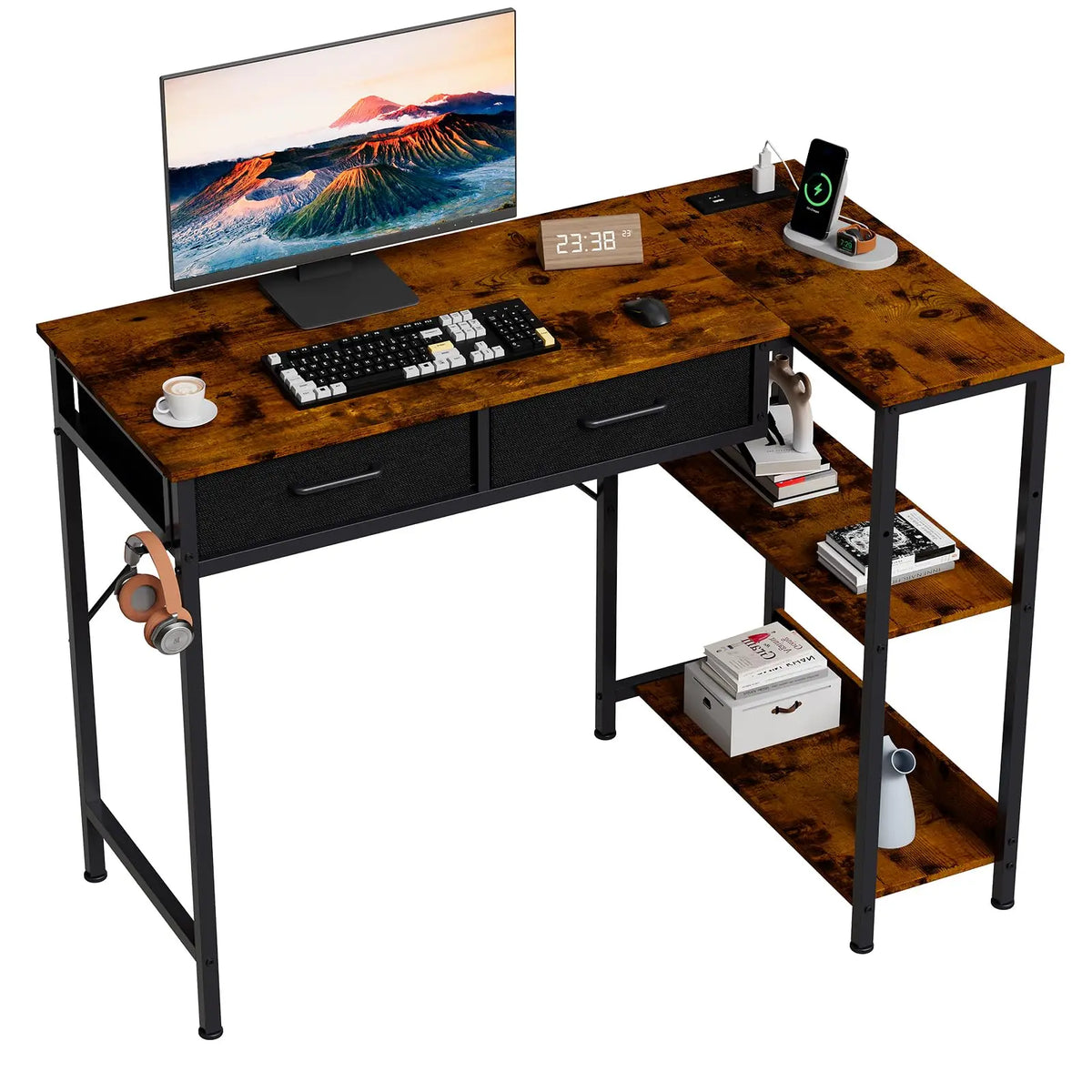 HiMISS Reversible L Shaped Gaming Desk With Drawers And Shelves