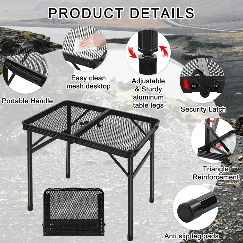 Portable Folding Camping Table Height Adjustable Lightweight Metal Mesh Top for Outdoor Cooking Picnic Travel