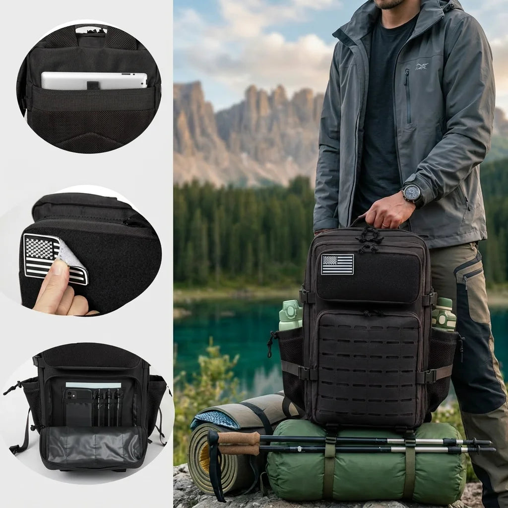45L Tactical Backpack For Men With MOLLE Webbing System Outdoor Survival Gym Fitness Hiking Rucksack Dual Cup Holders Camping Travel Daily Work Commute Large Capacity Storage Backpack