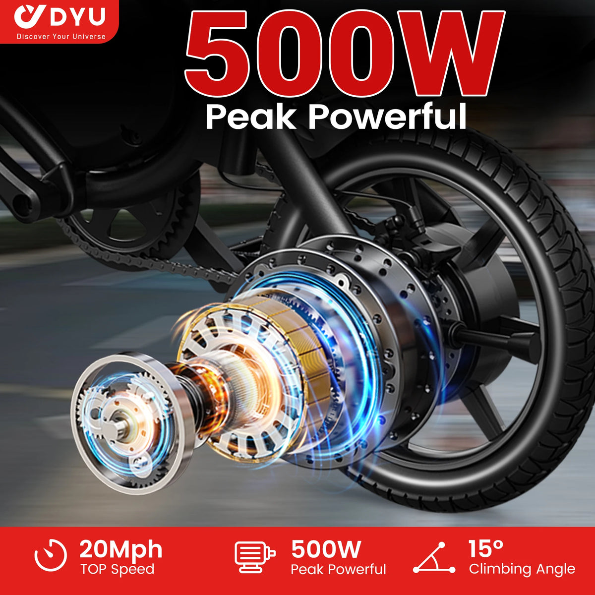 DYU D3F 14 inch Folding Electric Bike Peak 500W Motor 280.8WH Battery Electric Bicycle,20mph City E-bike