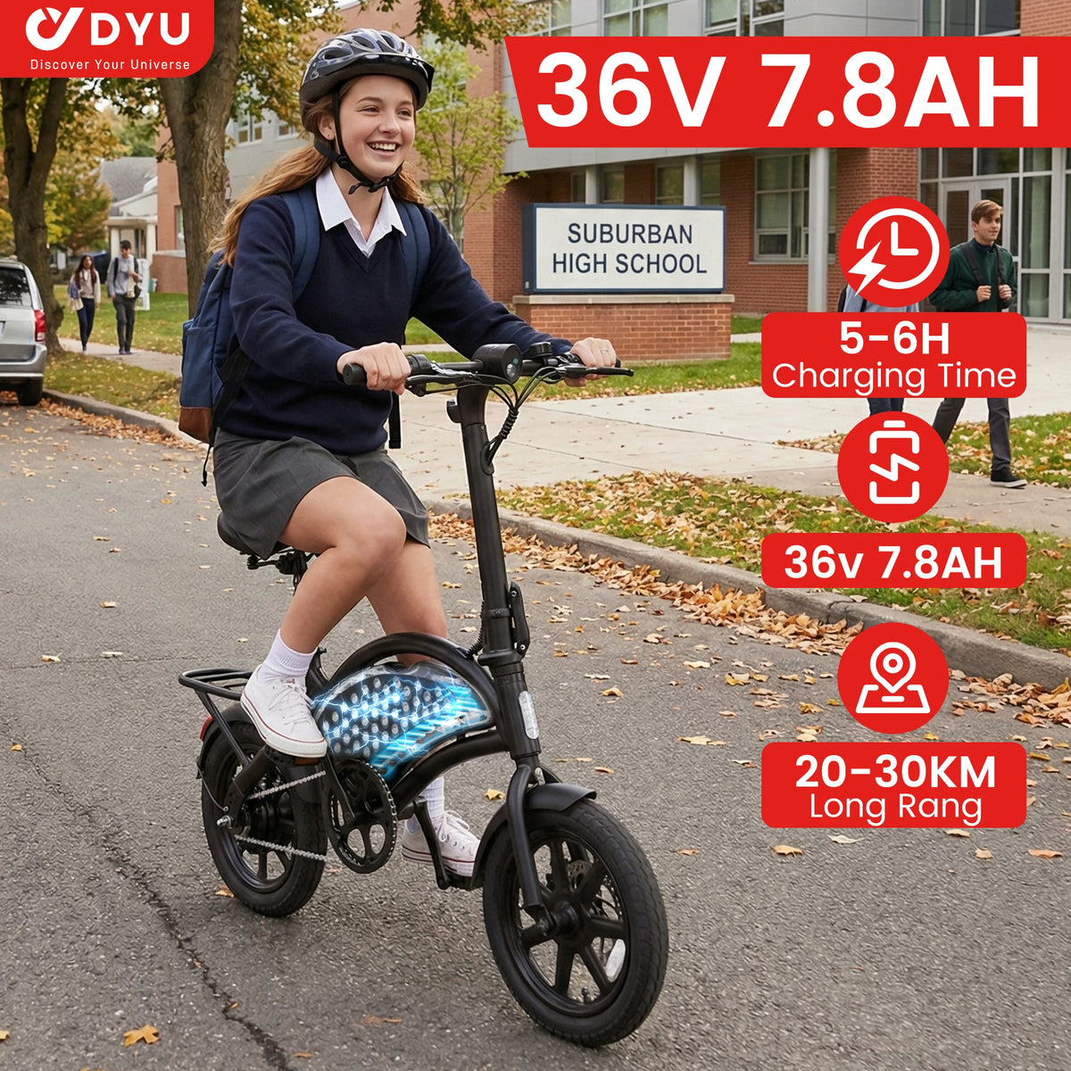 DYU D3F 14 inch Folding Electric Bike Peak 500W Motor 280.8WH Battery Electric Bicycle,20mph City E-bike