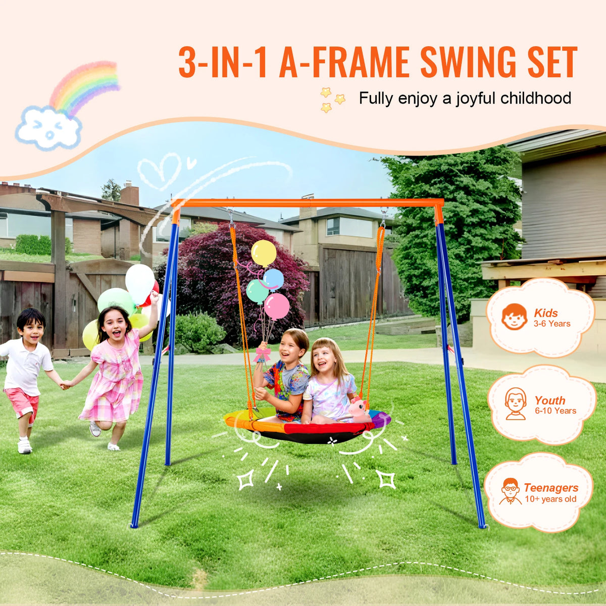 SucceBuy Wooden Swing Set Steel Frame Saucer Seats Backyard Fun