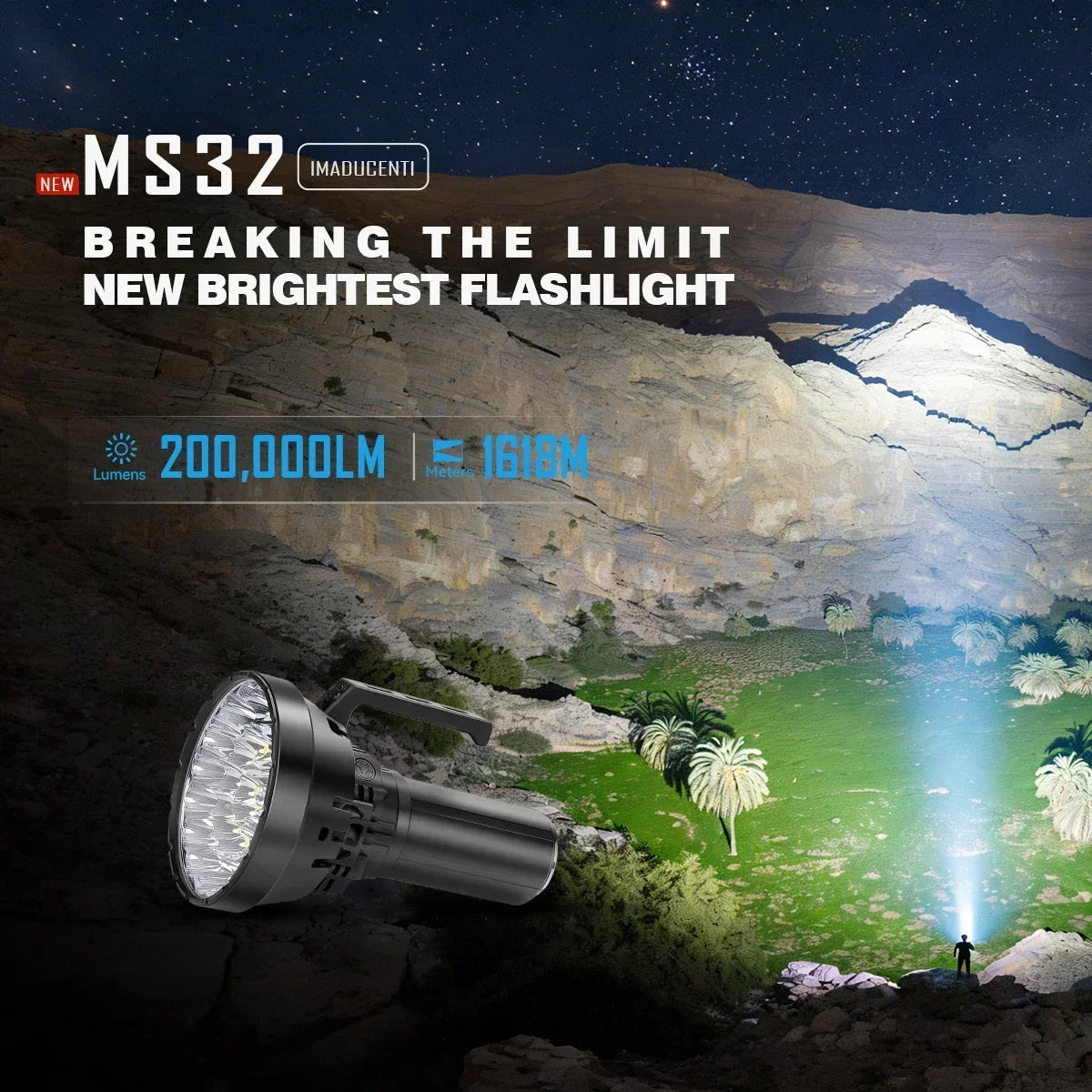 ImaLedt Ms32 200000 Lumens Rechargeable Tactical Flashlight With Cooling Fan