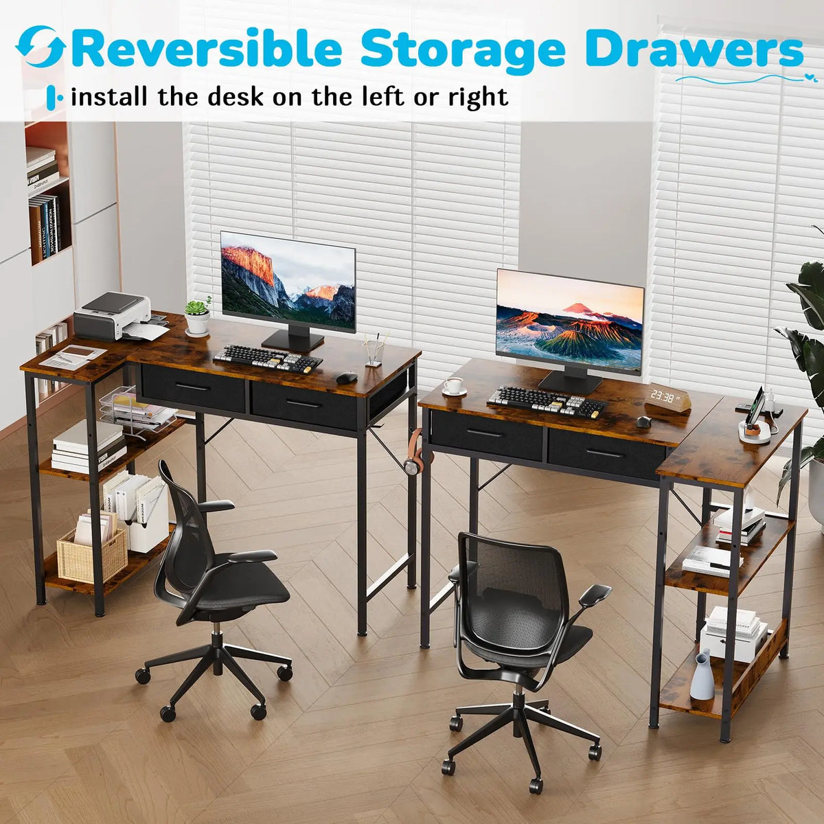 HiMISS Reversible L Shaped Gaming Desk With Drawers And Shelves