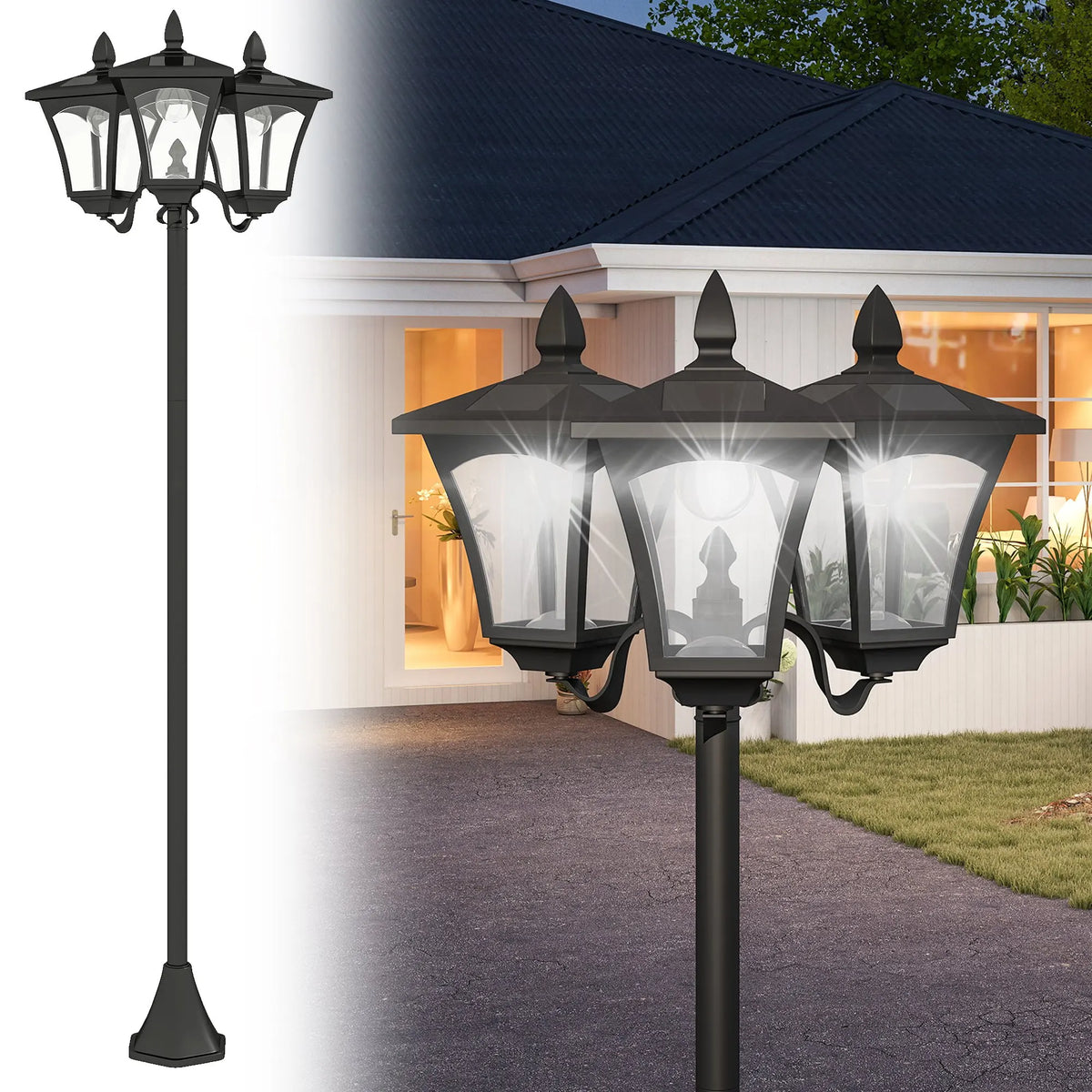 Antique Triple Head Solar Outdoor Lamp Post With Automatic Lighting