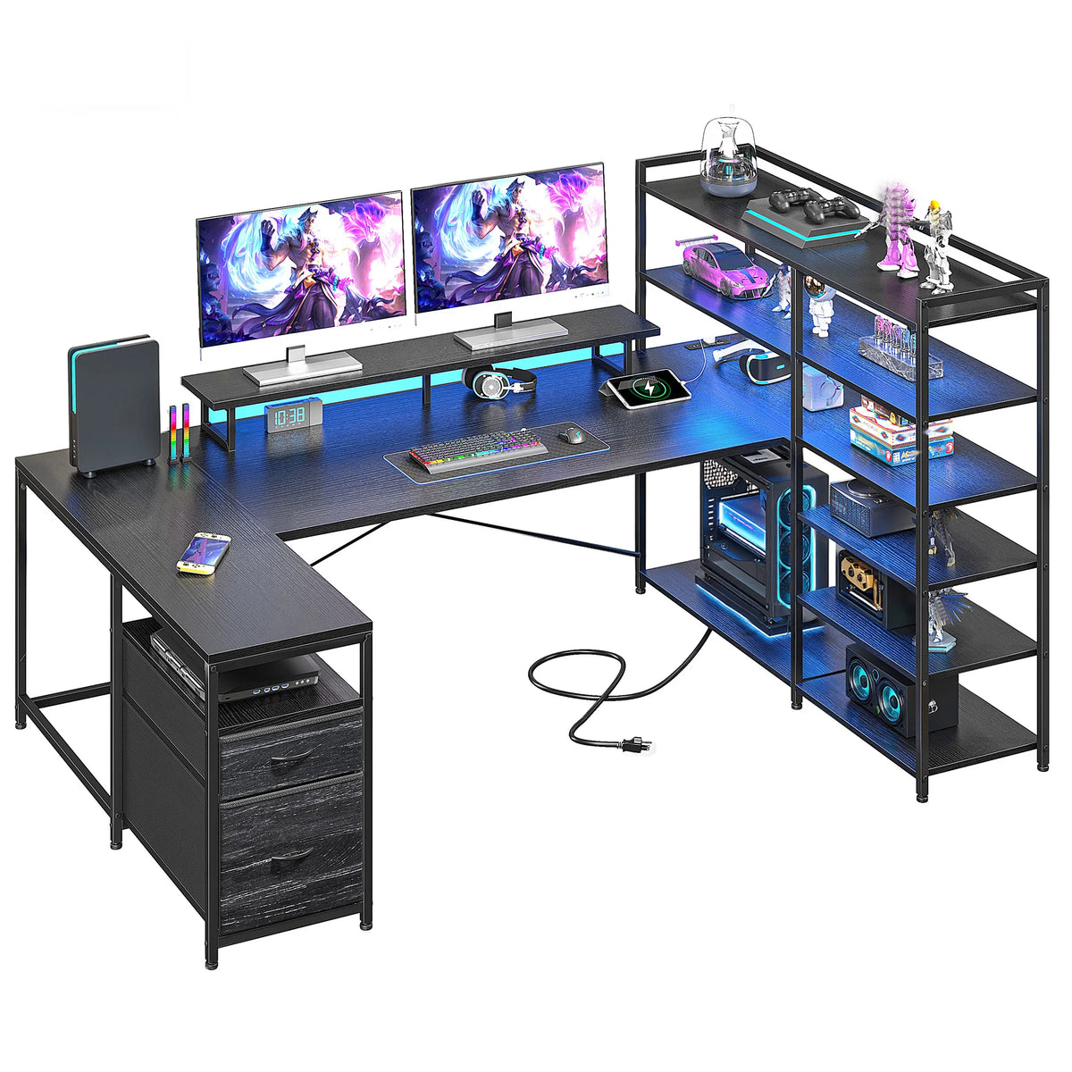 EnHomee Gaming Desk With Storage Shelves, Drawers And USB Outlet