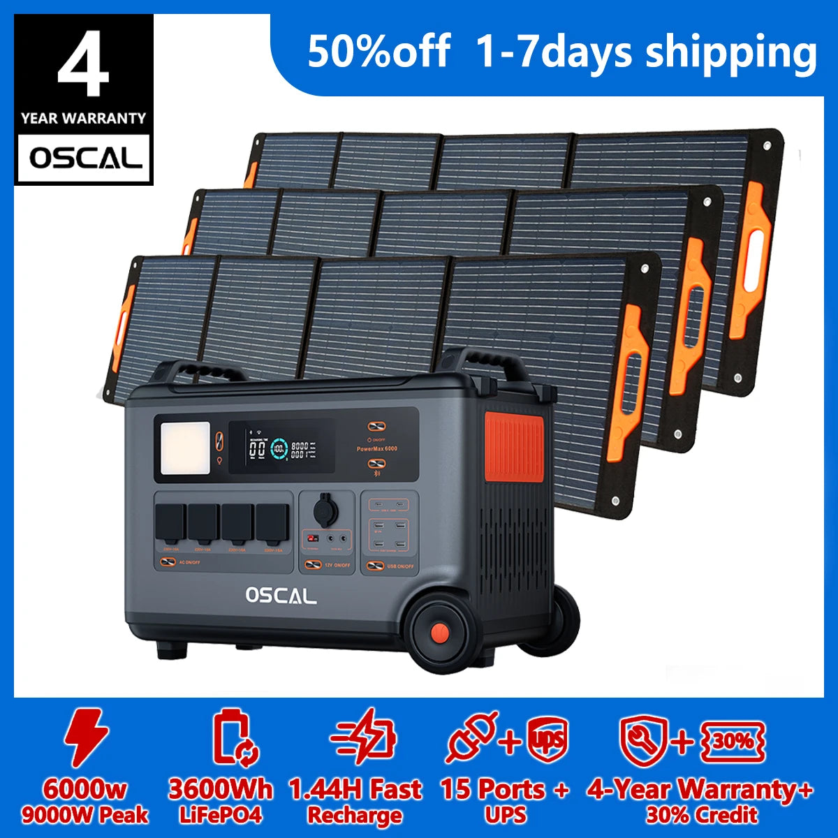 Oscal PowerMax 6000 Portable Solar Generator 3600Wh LiFePO4