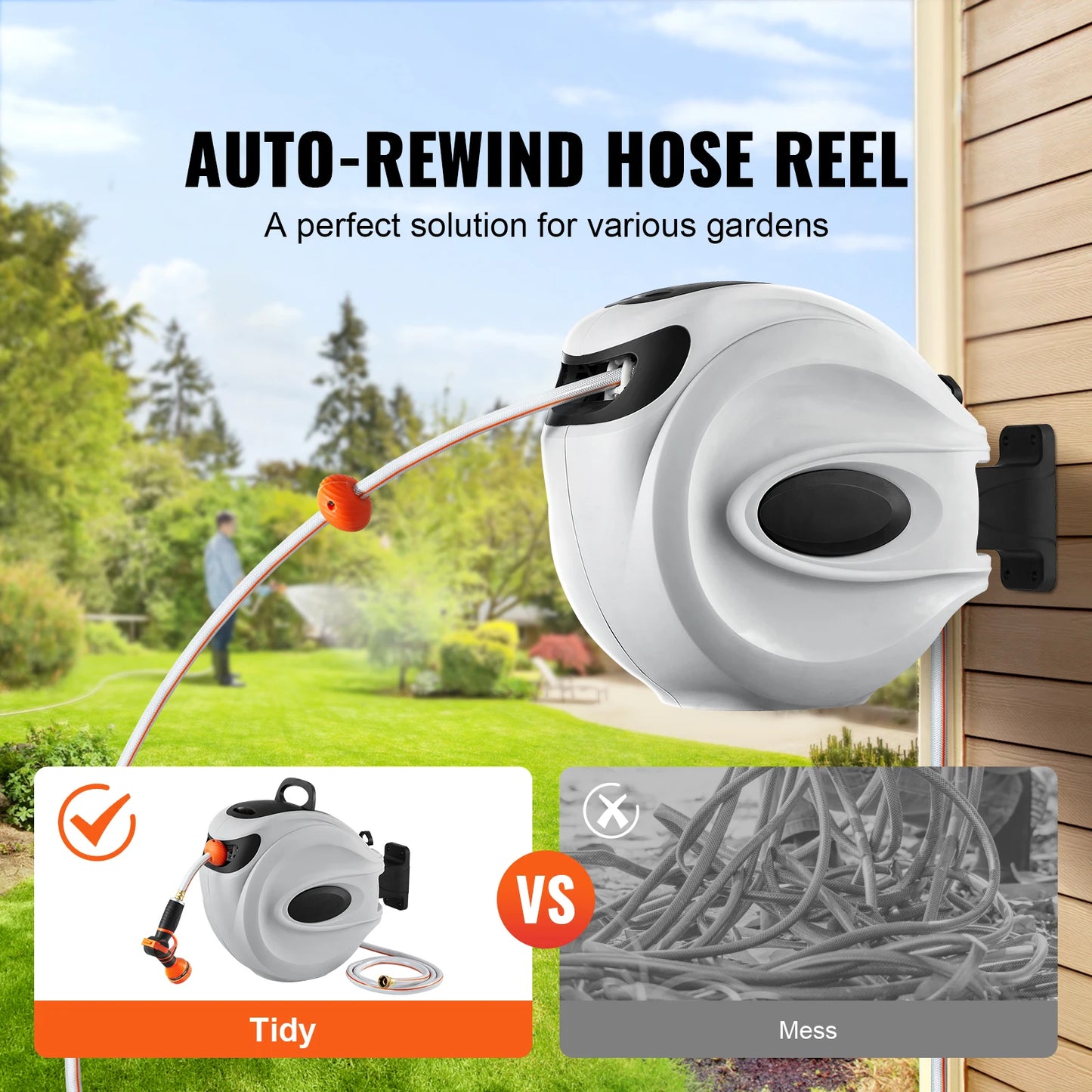 SucceBuy Retractable Hose Reel Wall Mount With Nine Pattern Nozzle