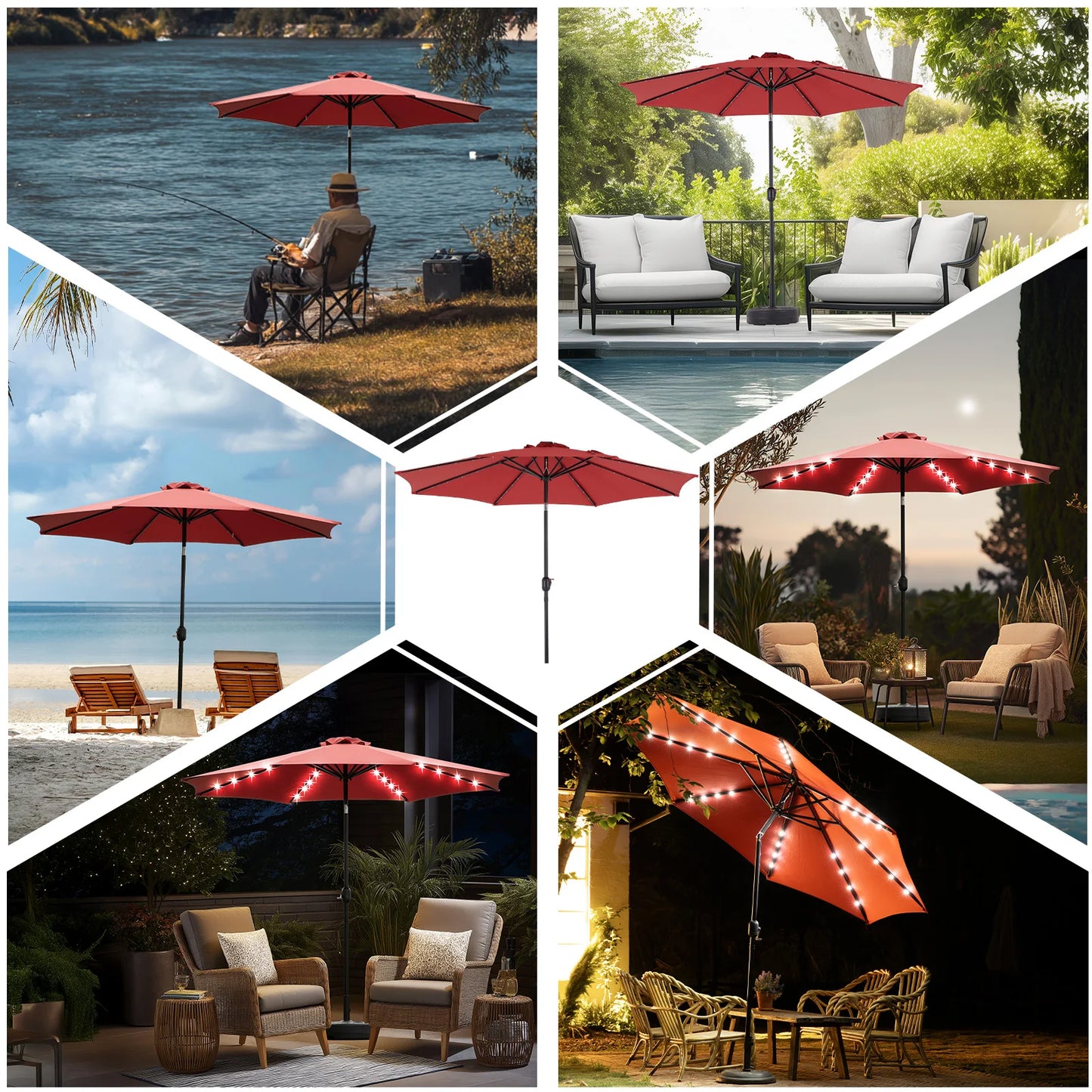 JHK Solar Patio Umbrella With 32 LED Lights UV Resistant
