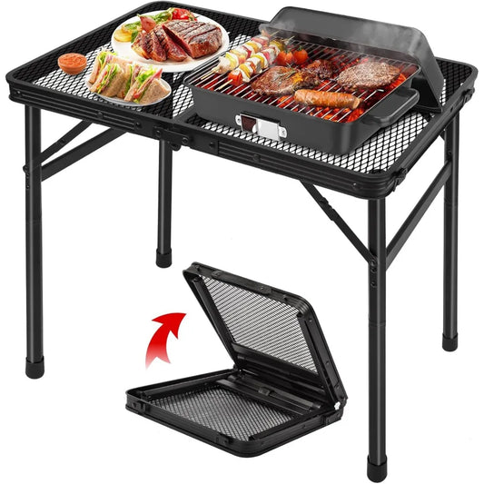 Portable Folding Camping Table Height Adjustable Lightweight Metal Mesh Top for Outdoor Cooking Picnic Travel