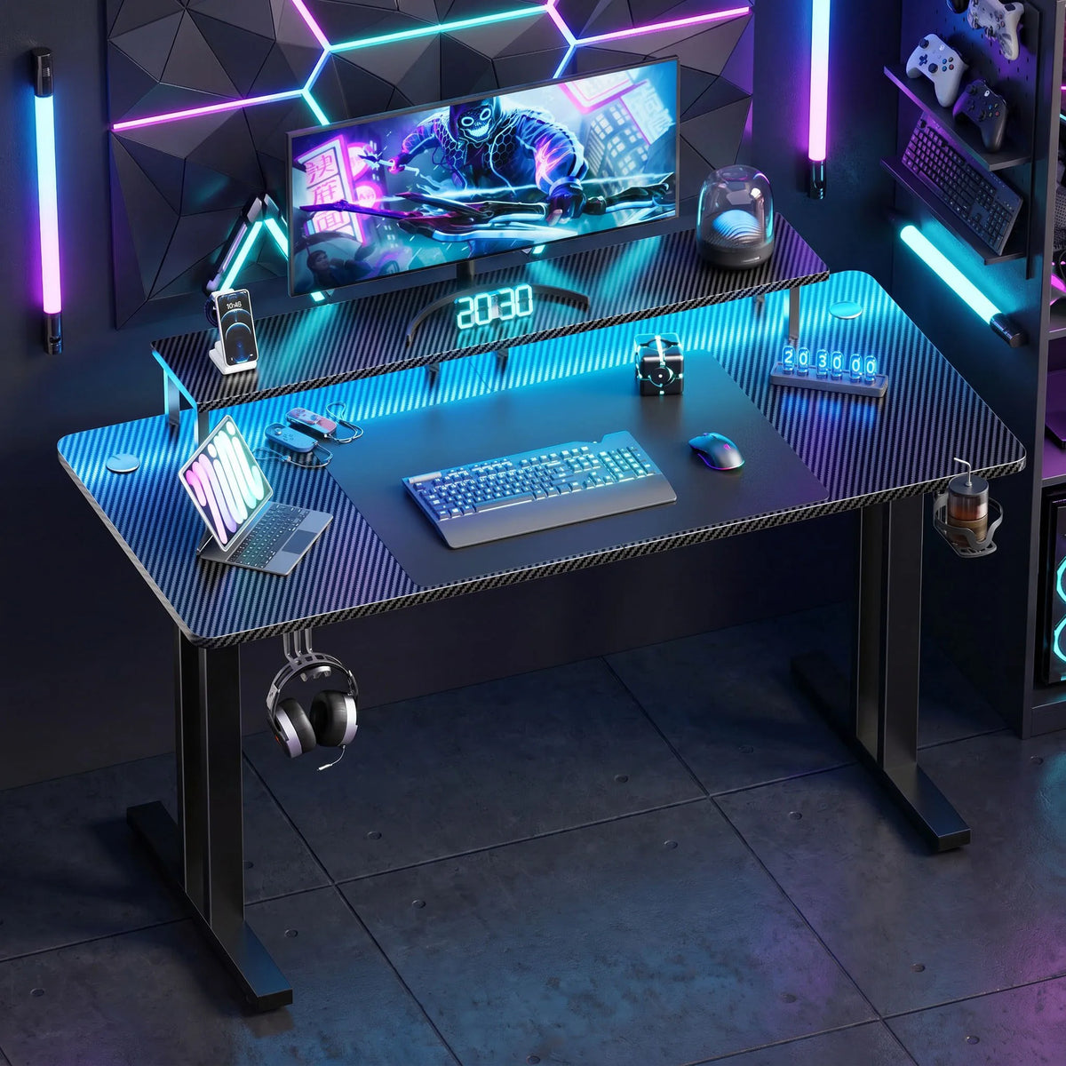 NEBMAAX RGB Gaming Desk With LED Lights And Monitor Stand