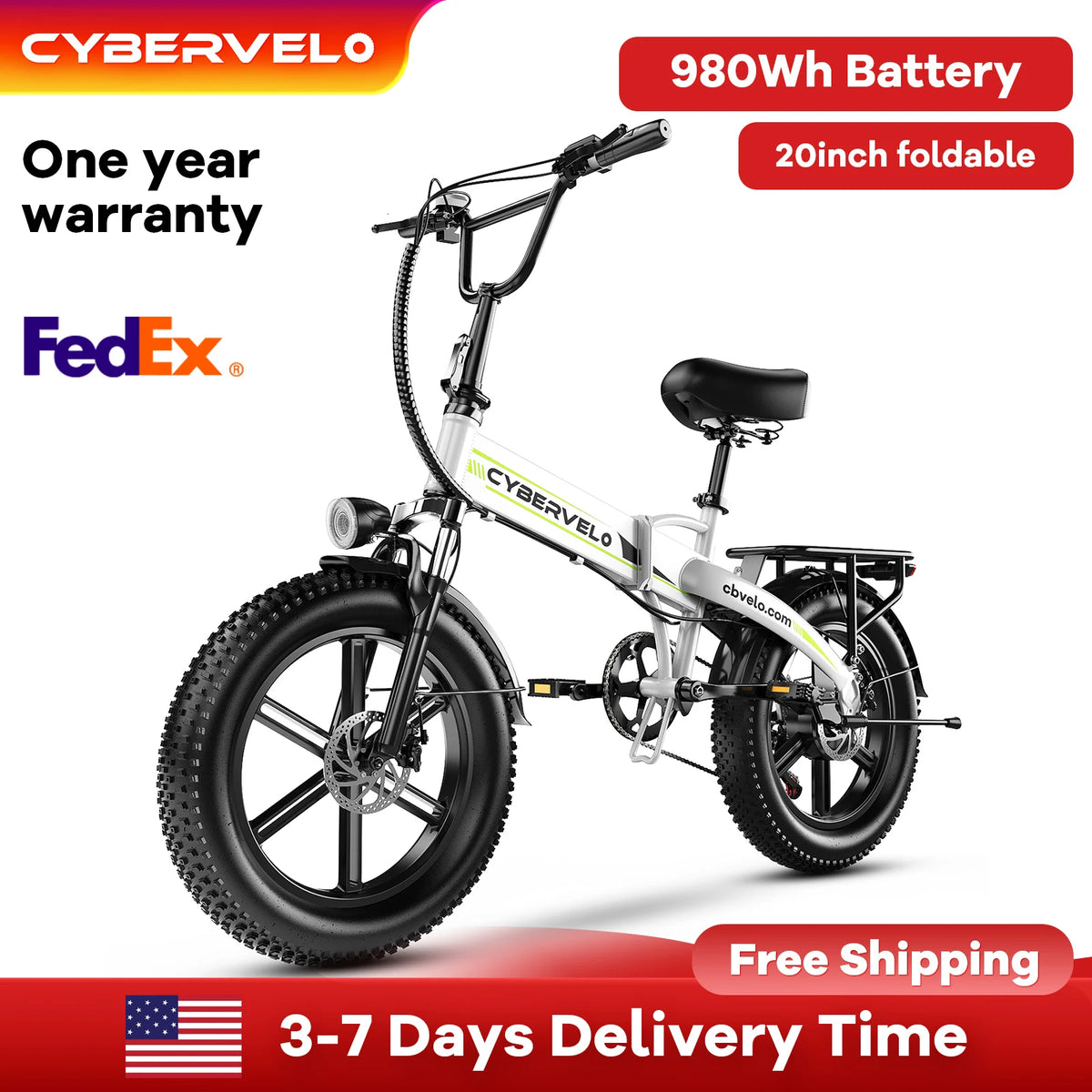 Cybervelo 20" 1000W Foldable Moutain Sand Off Road E-Bike Bulit-in Battery 80 Miles+ Long Range Electric-Bike for Adult EK5