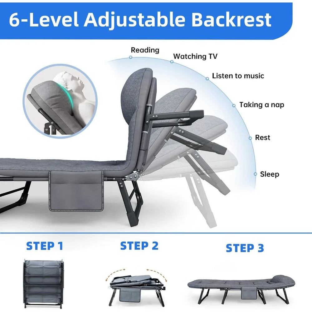 Heavy Duty Folding Cot with Mattress No Setup 550 Lbs Adjustable Portable Sleeping Bed Indoor Outdoor Patio