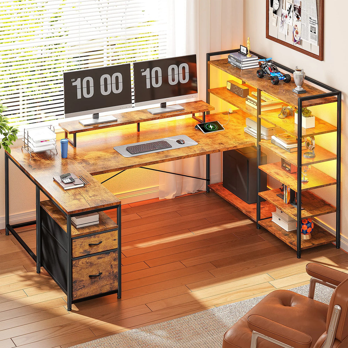 EnHomee Gaming Desk With Storage Shelves, Drawers And USB Outlet