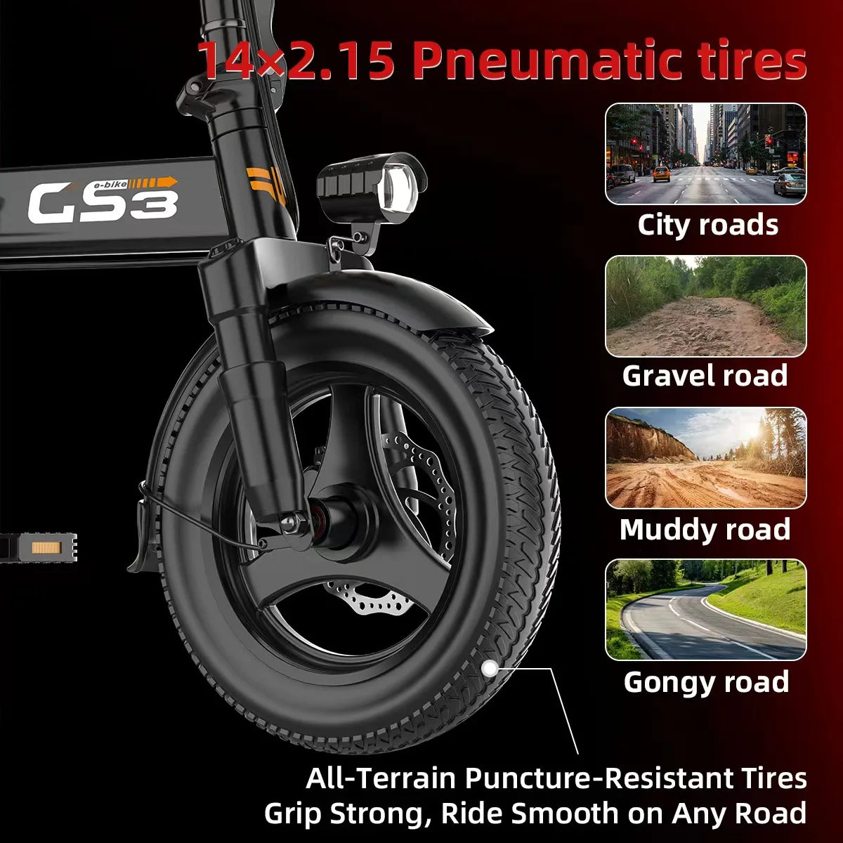 Uplee GS3 Electric Bike 500W 48V 15Ah Removable Battery Fat Tire 14 Inch Folding Electric Bike E-City EBike Electric Bicycle LED