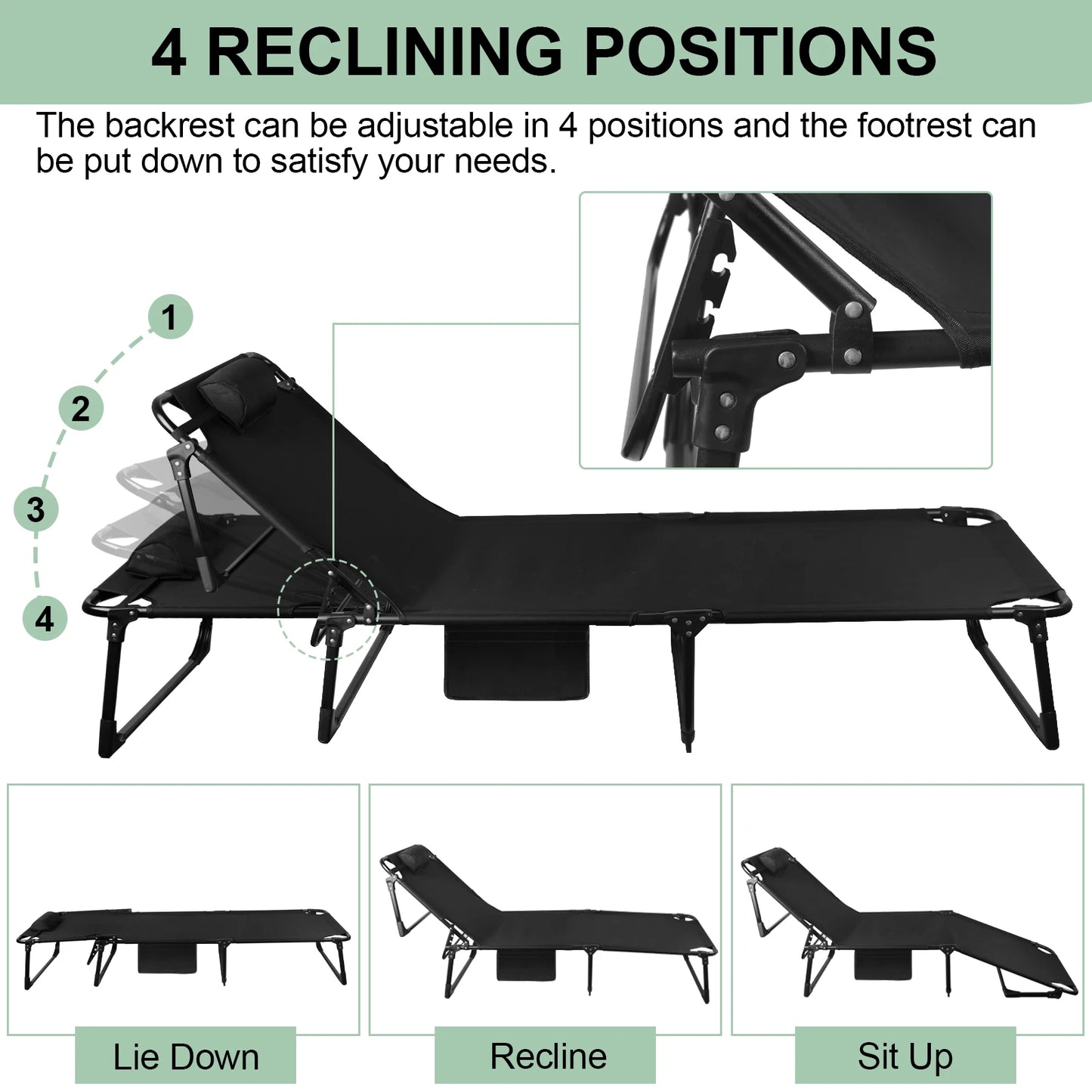 Portable Adjustable Folding Camping Cot With Comfort Support Pillow
