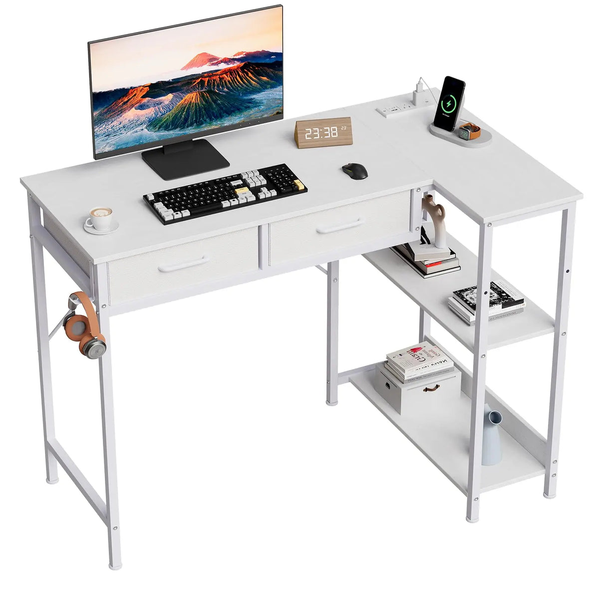 HiMISS Reversible L Shaped Gaming Desk With Drawers And Shelves