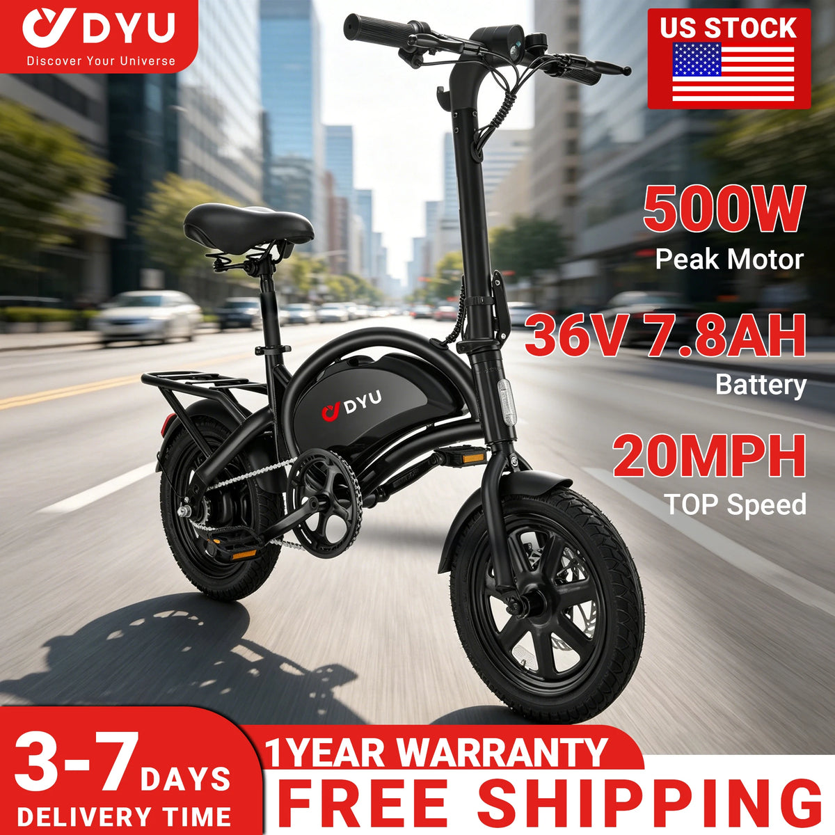 DYU D3F 14 inch Folding Electric Bike Peak 500W Motor 280.8WH Battery Electric Bicycle,20mph City E-bike