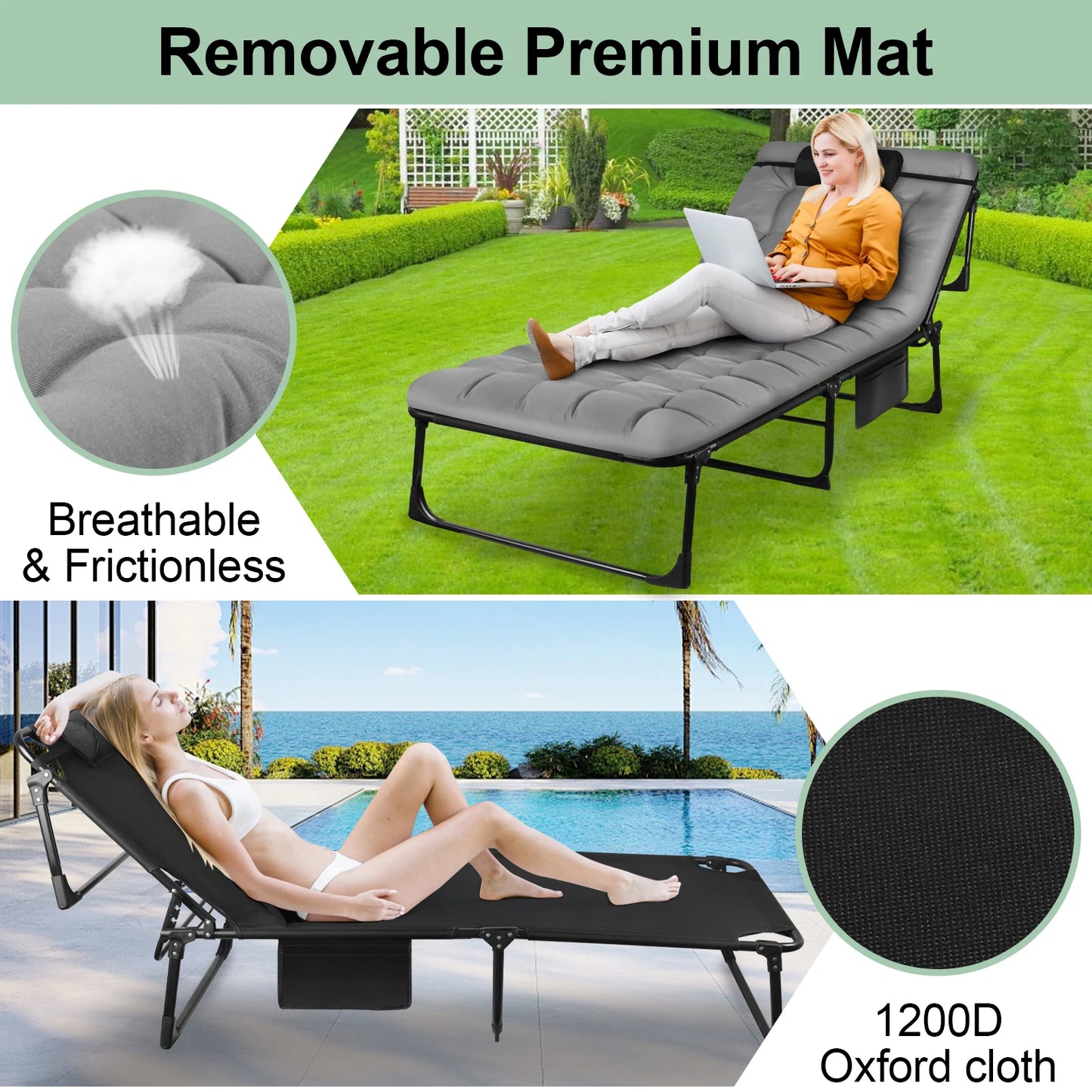 Portable Adjustable Folding Camping Cot With Comfort Support Pillow