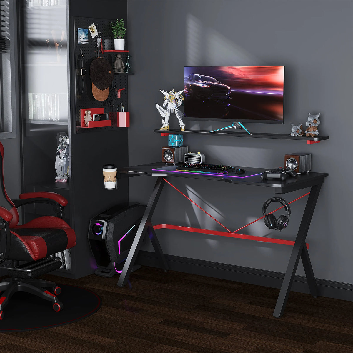 HOMCOM Racing Gaming Desk With Monitor Shelf And Cup Holder
