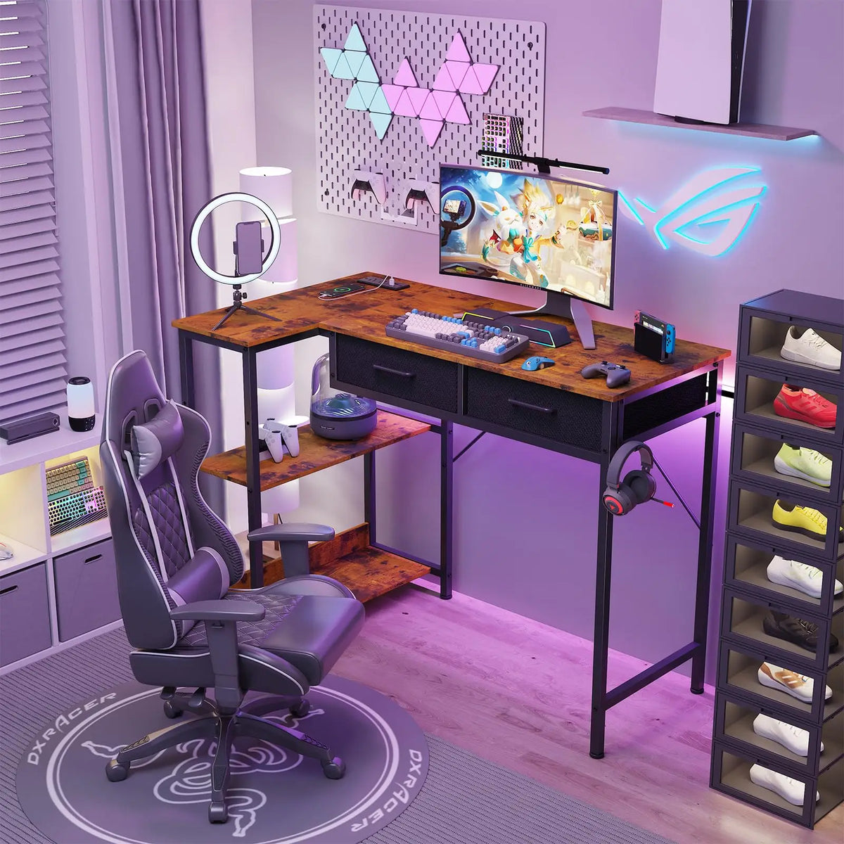 HiMISS Reversible L Shaped Gaming Desk With Drawers And Shelves