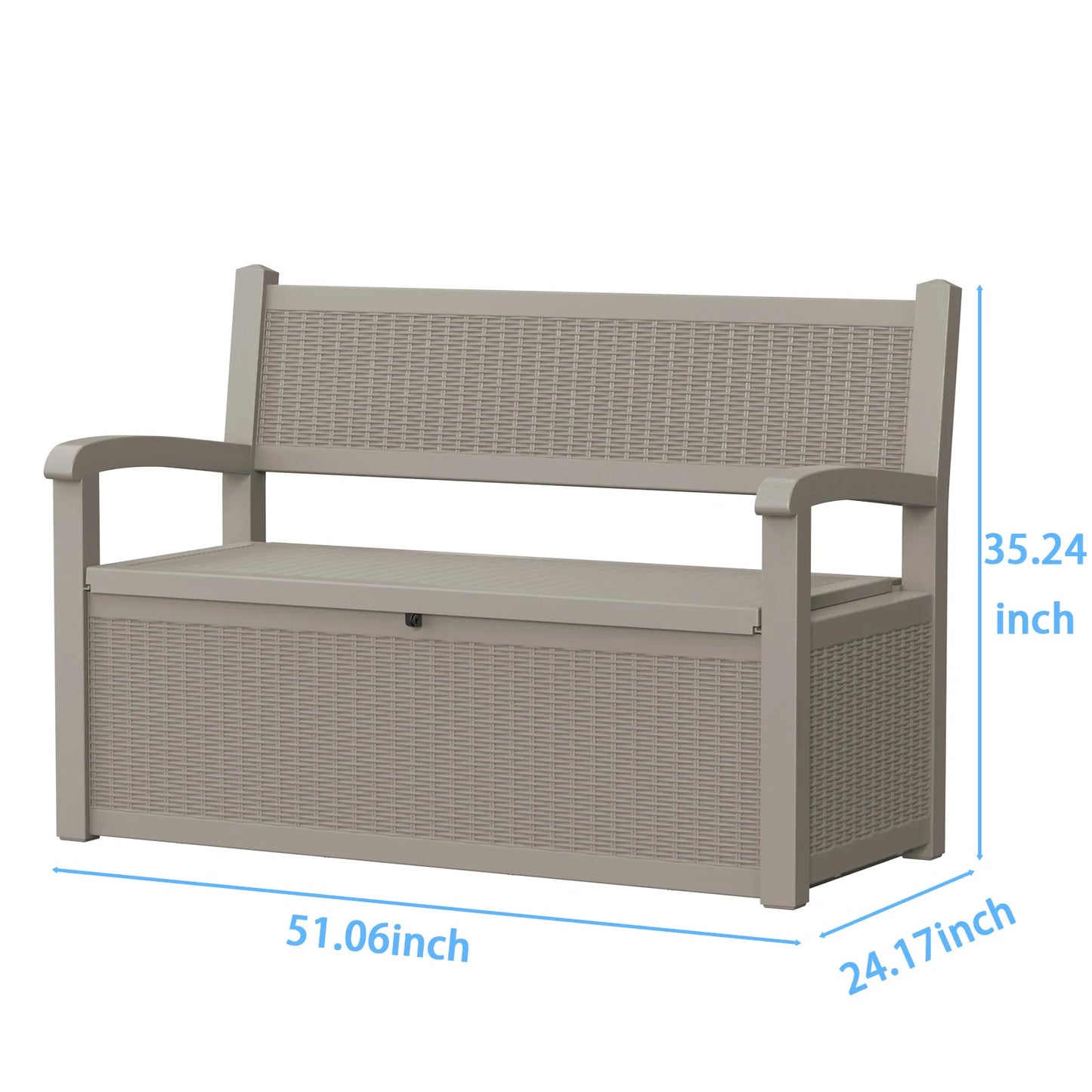Outdoor Storage Bench with Rattan Look, Light Brown, Weatherproof Resin Patio Bench with Storage Box for Garden Backyard Poolside