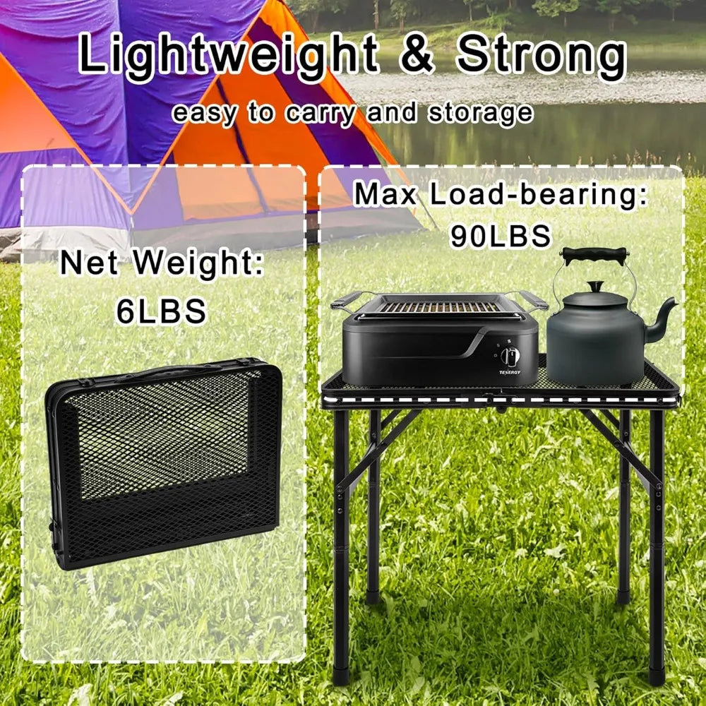 Portable Folding Camping Table Height Adjustable Lightweight Metal Mesh Top for Outdoor Cooking Picnic Travel