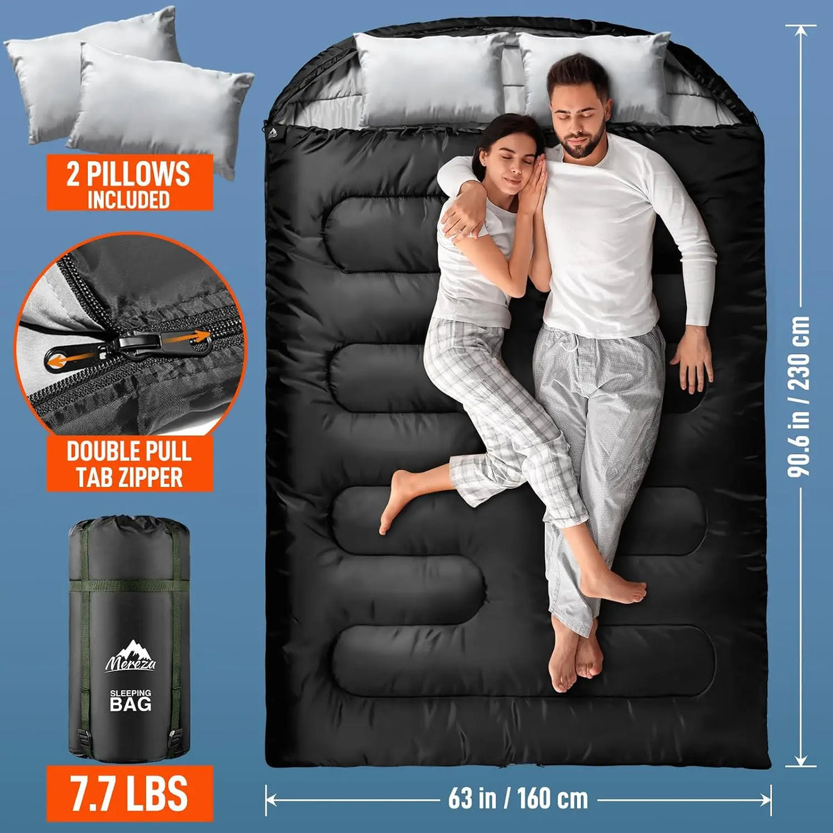 XL Queen Size Double Sleeping Bag for Adult Men, 2 Person Sleeping Bags with Pillow, All Season Camping Hiking Backpacking, Warm & Cold Weather