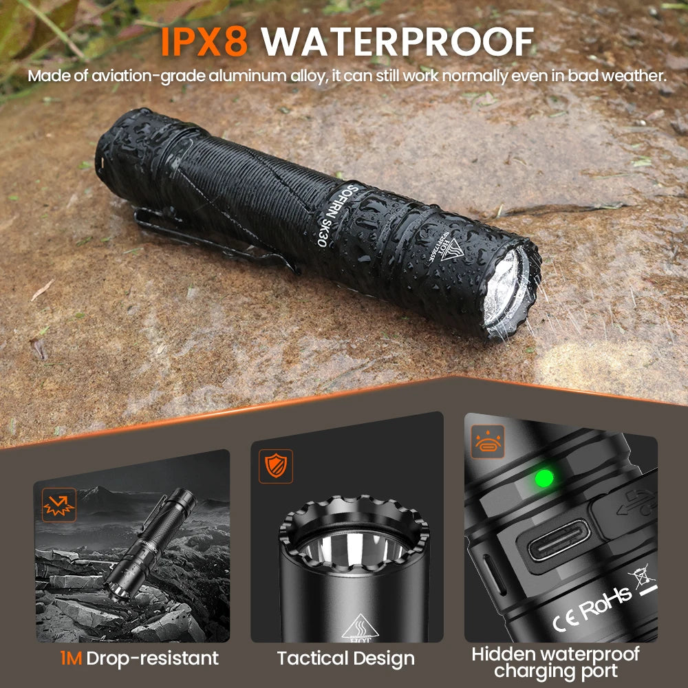 Sofirn Sk30 Tactical Flashlight 3000 Lumen USB C Rechargeable Torch