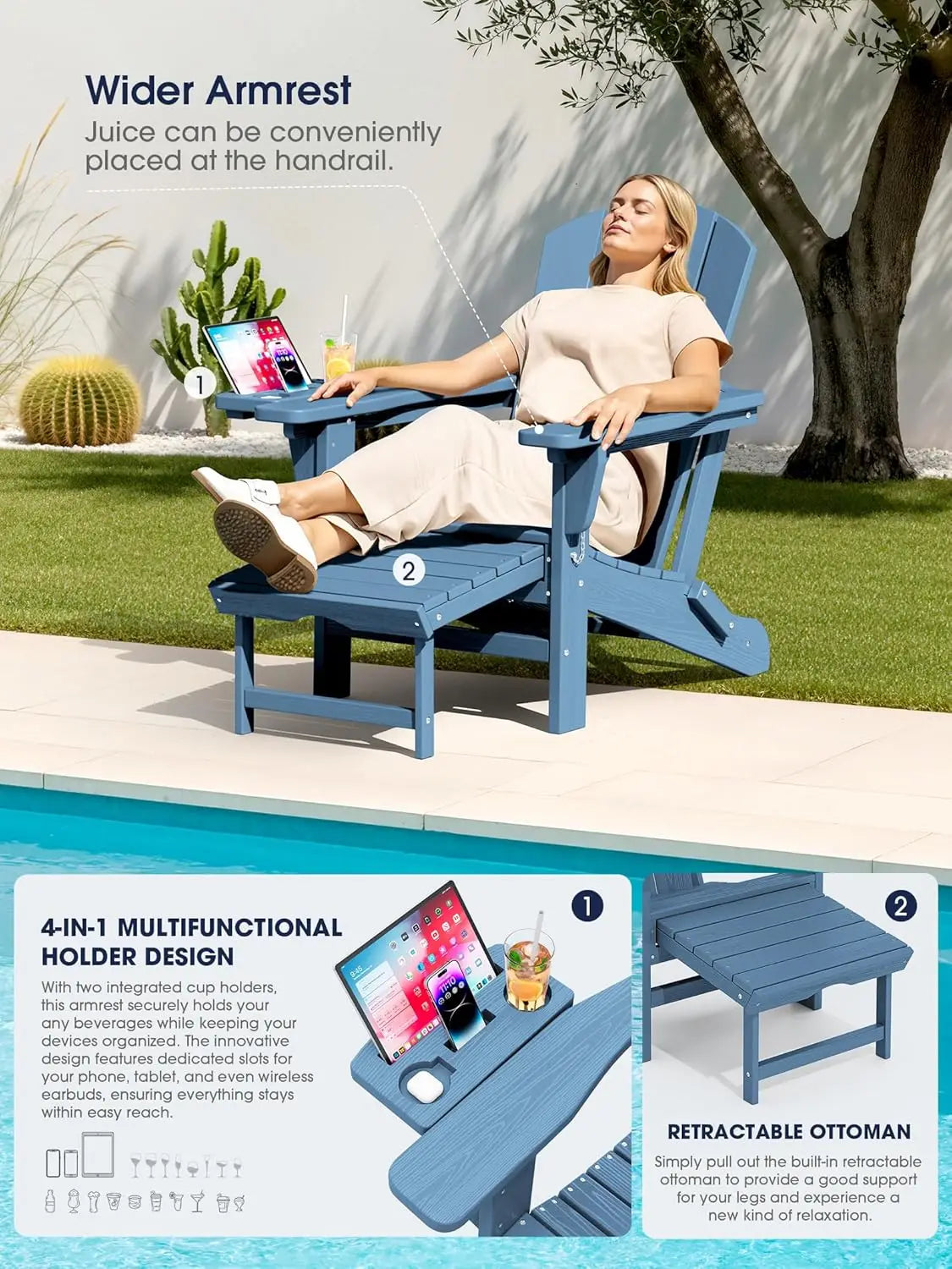 Adjustable Folding 4-in-1 Adirondack Chair with Footrest, HDPE Foldable Recliner & Pull-Out Ottoman, Custom
