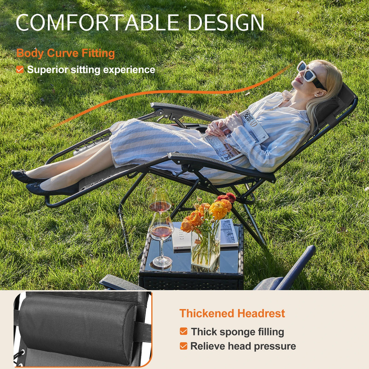 JHK Zero Gravity Outdoor Lounge Chair With Adjustable Pillow Tray